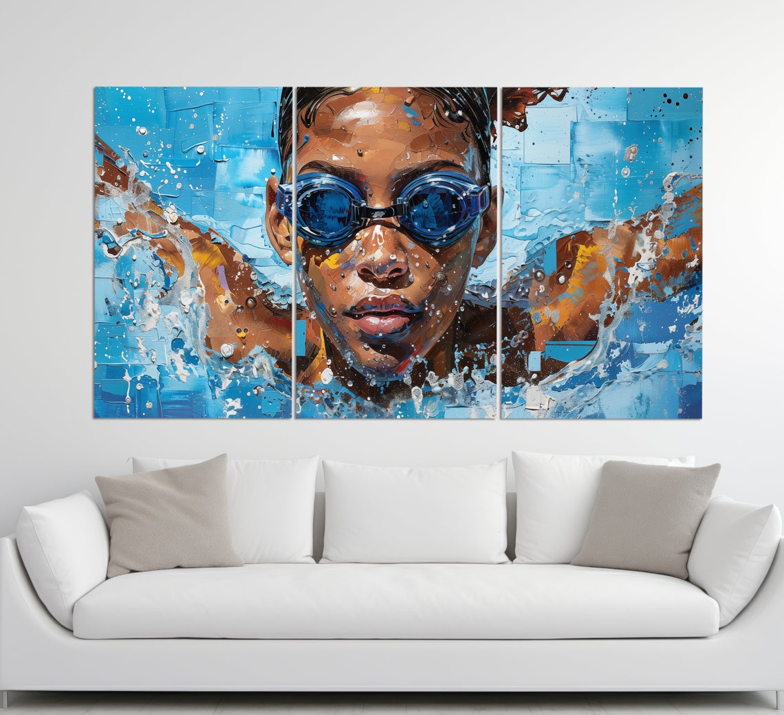 Competitive Swimmer Goggles Splash Colorful Oil Style Sports Poster - Image 3