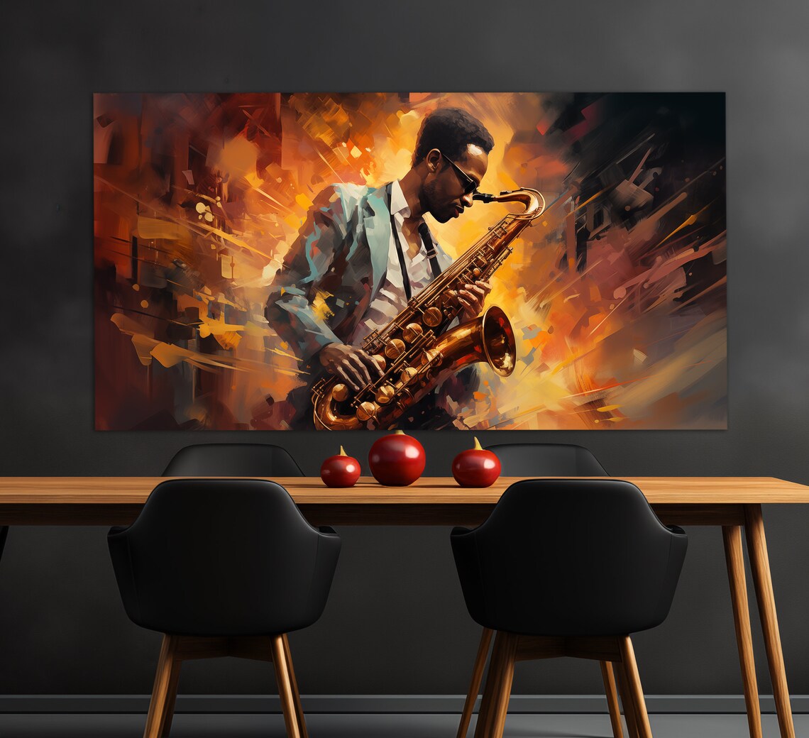 Saxophonist Playing Saxophone Fiery Orange Jazz Club Oil Painting Music Wall Art - Image 4