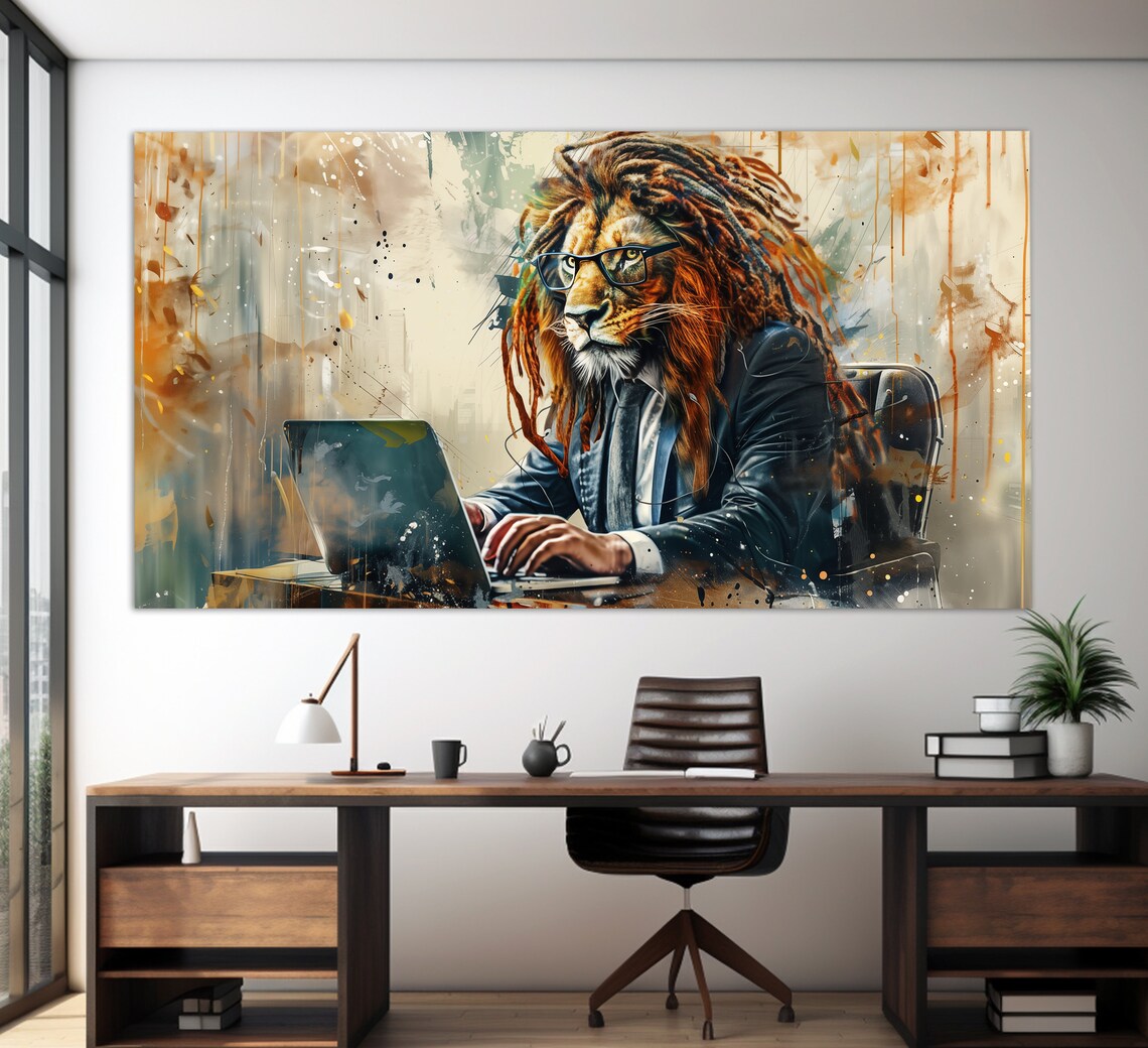 Lion Boss Office Suit Laptop Funny Animal Art Funny Executive Boss Poster