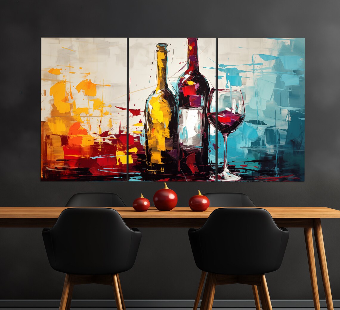 Abstract Wine Bottles And Glass Oil Painting Style Colorful Kitchen Wall Art - Image 5