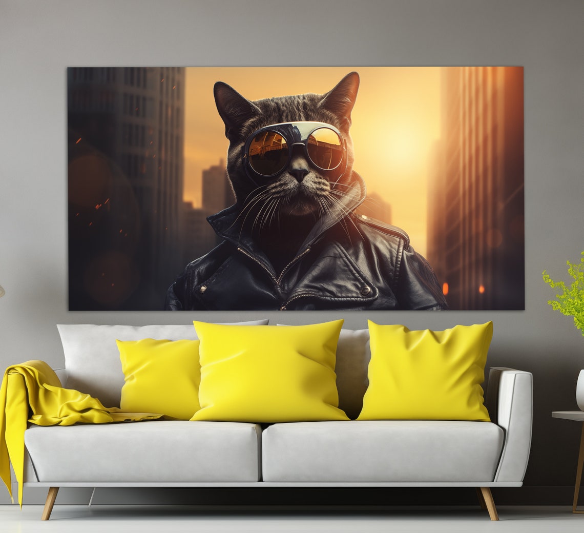 Cool Cat Biker Leather Jacket Aviator Goggles City Sunset Art Print