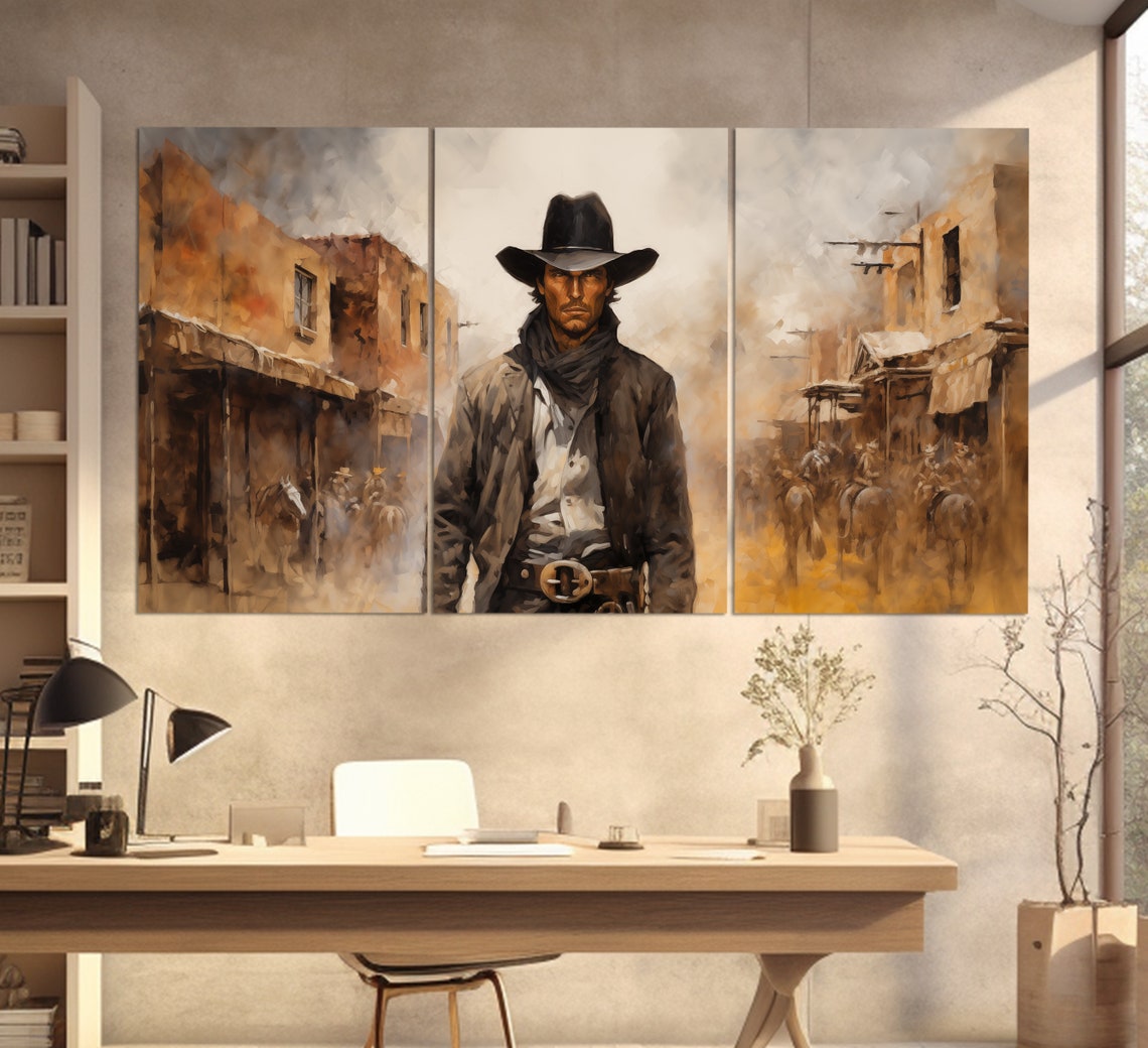 Cowboy Black Hat Western Town Vintage Oil Painting Style Poster