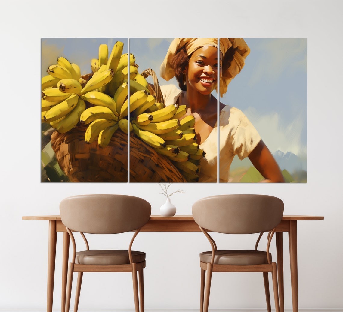 African Lady With A Basket Of Bananas Print In An Oil Painting Style Kitchen Wall Art Ethnic Woman Painting African Wall Decor - Image 2