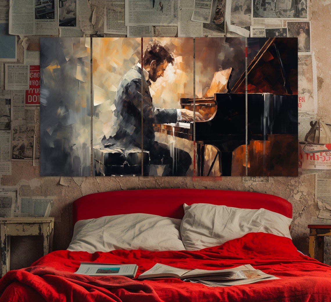 Pianist Playing Piano Print In Vintage Oil Painting Style Pianist Painting Music Wall Art Pianist Gift Music School Decor - Image 2