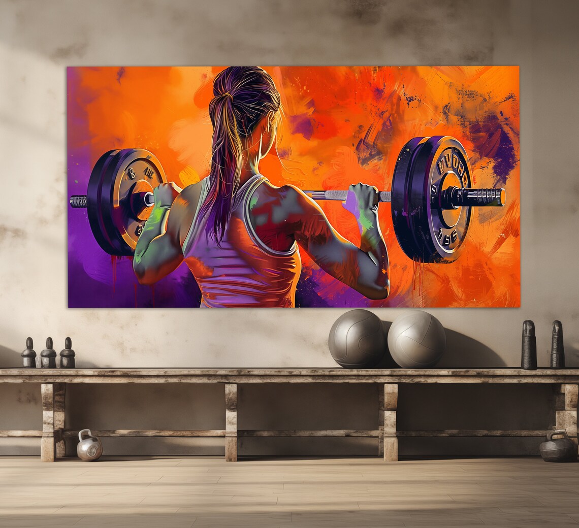 Female Weightlifter Barbell Squat Orange Purple Gym Fitness Poster