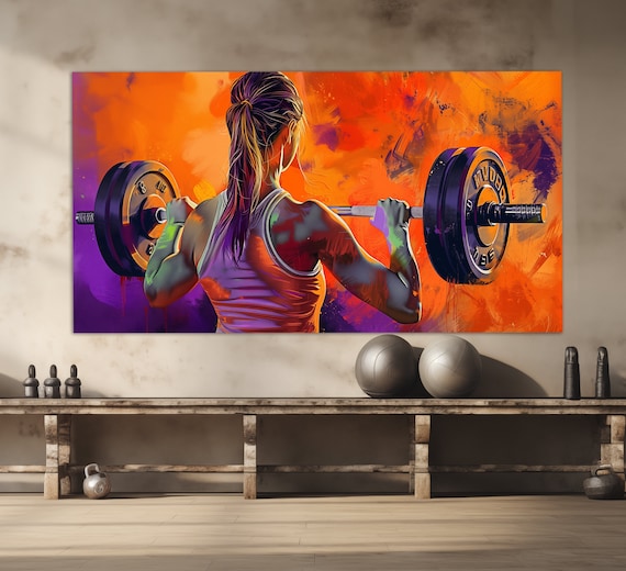 Female Weightlifter Barbell Squat Orange Purple Gym Fitness Poster
