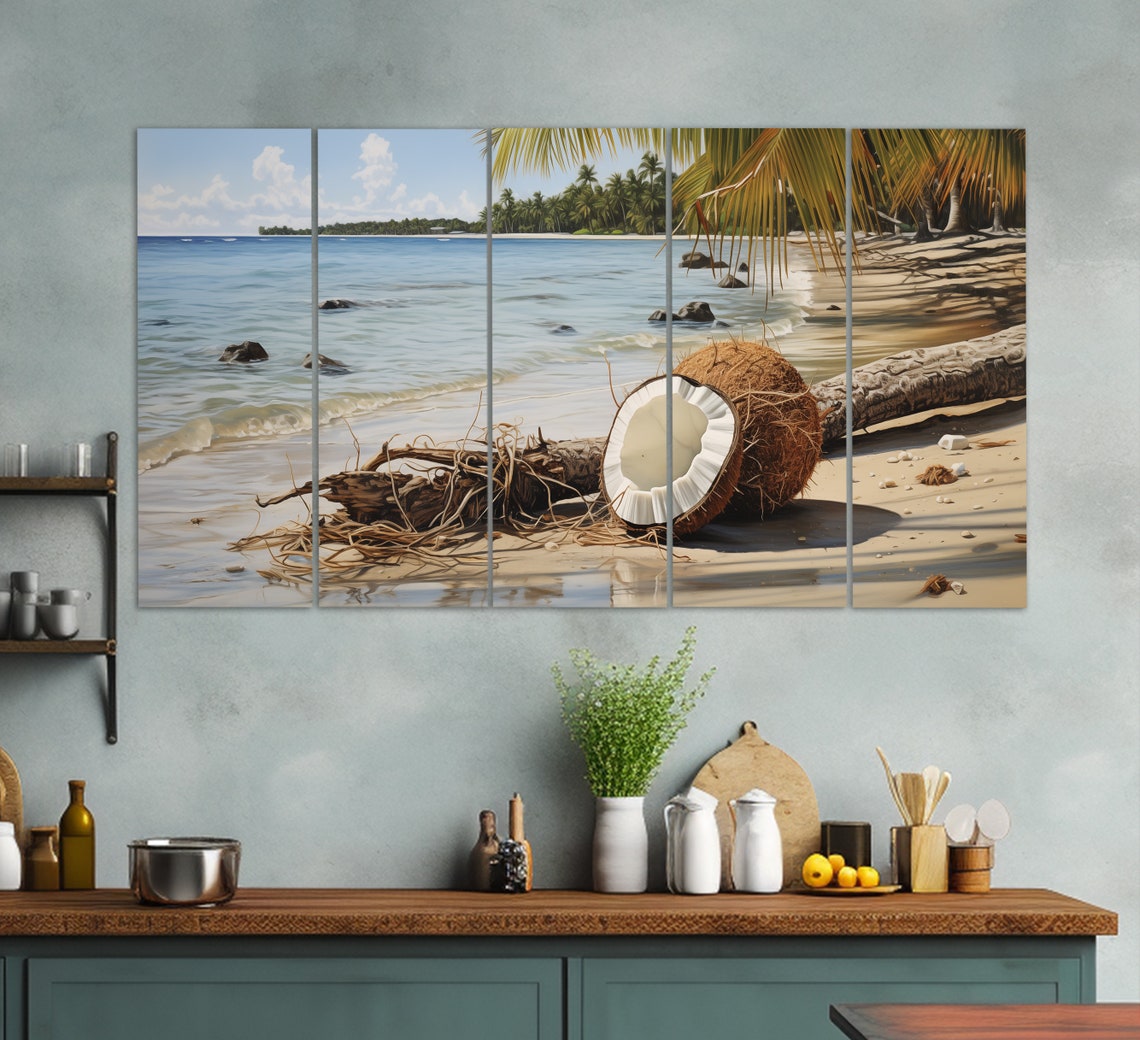 Split Coconut on Tropical Beach Palm Trees Ocean View Travel Poster - Image 2