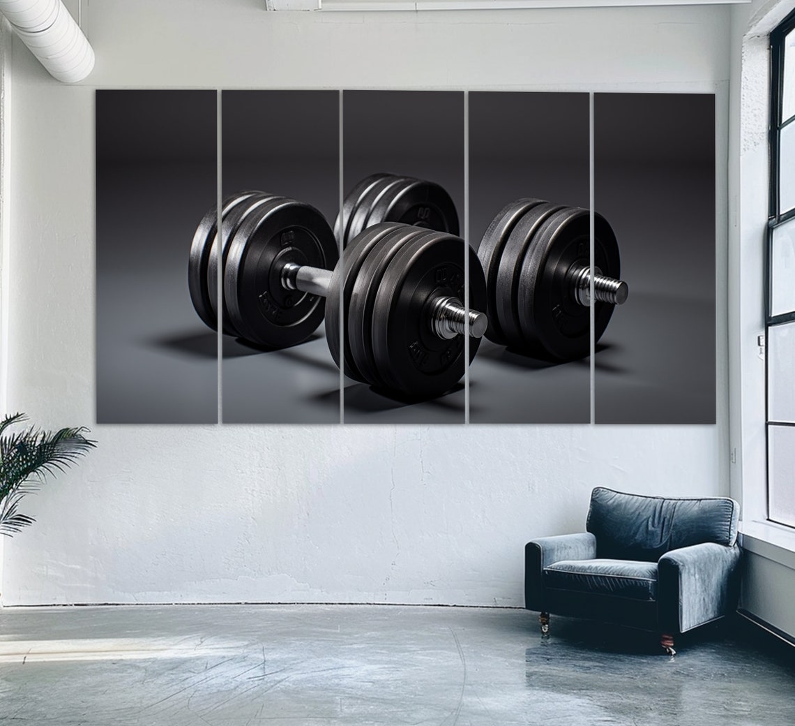 Black Dumbbells Minimalist Dark Background Fitness Gym Decor Print - Image 2