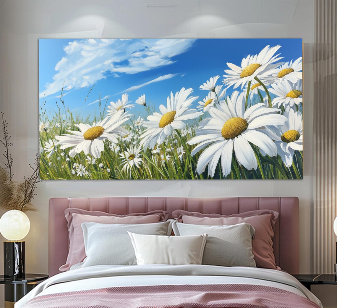 White Daisy Field Meadow Under Blue Sky Bloom Triptych Wall Art - Image 4