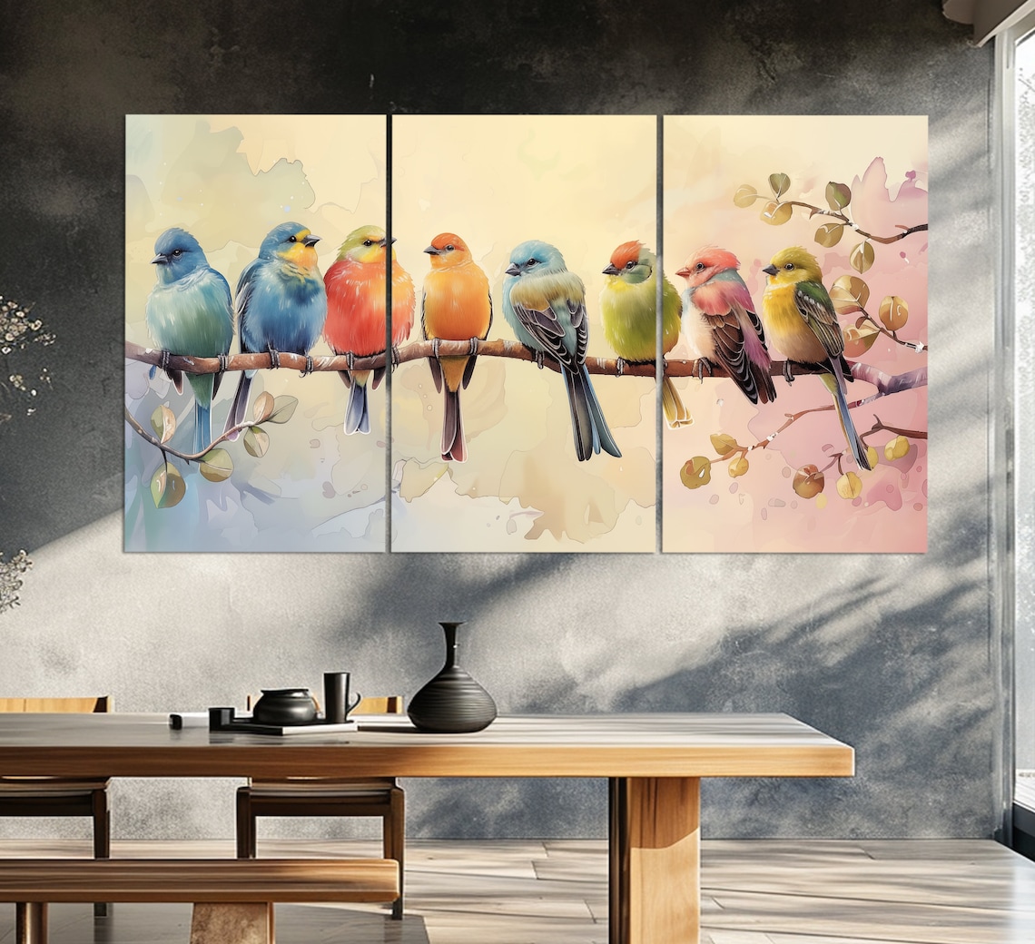 Colorful Songbirds Perched On Branch Watercolor Style Bird Art Poster - Image 2