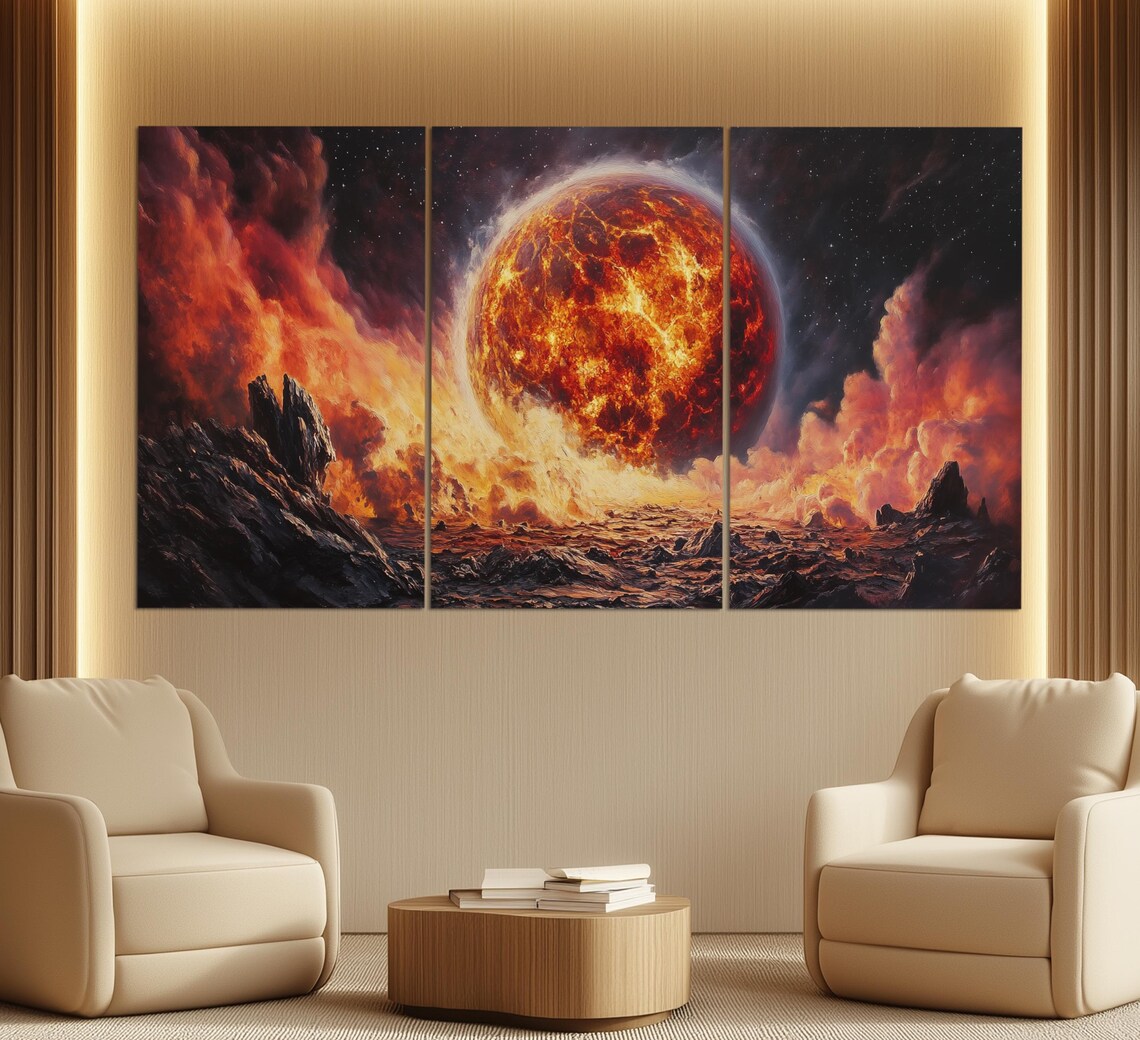 Abstract Fiery Mars Planet Rising Over Alien Rocky Landscape Space Wall Art - Image 6
