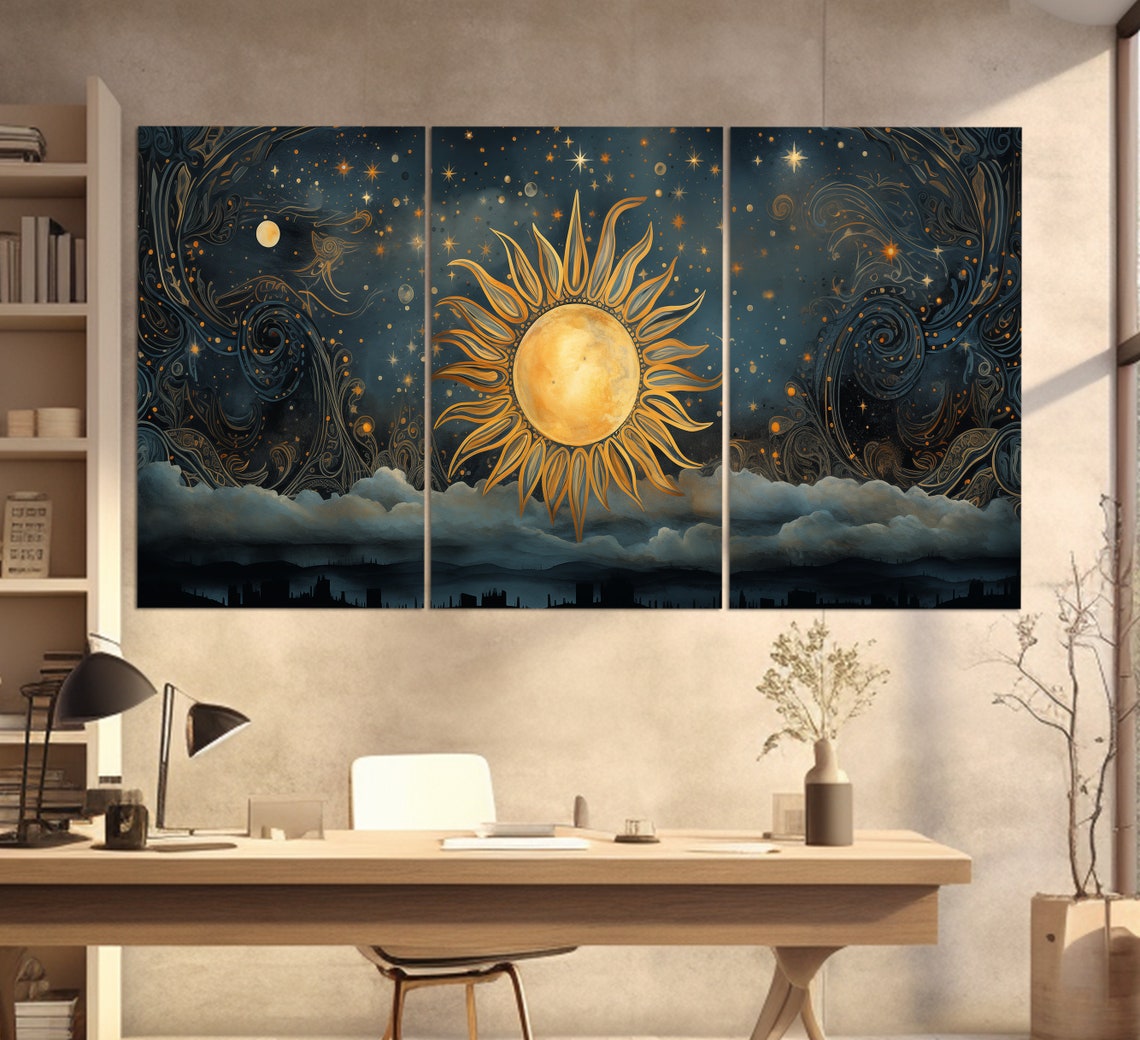 Golden Celestial Sun Starry Night Sky Boho Mid Century Art Poster - Image 3
