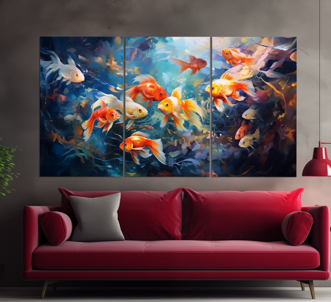 School Of Orange Goldfish Deep Blue Water Abstract Oil Painting Poster - Image 3