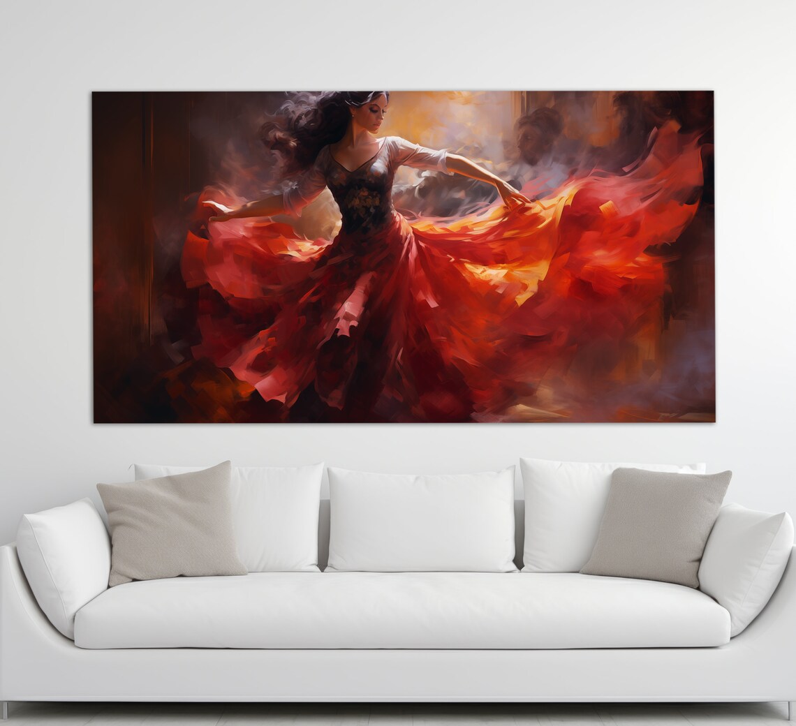 Passionate Flamenco Dancer Red Dress Swirling Skirt Oil Painting Poster - Image 3