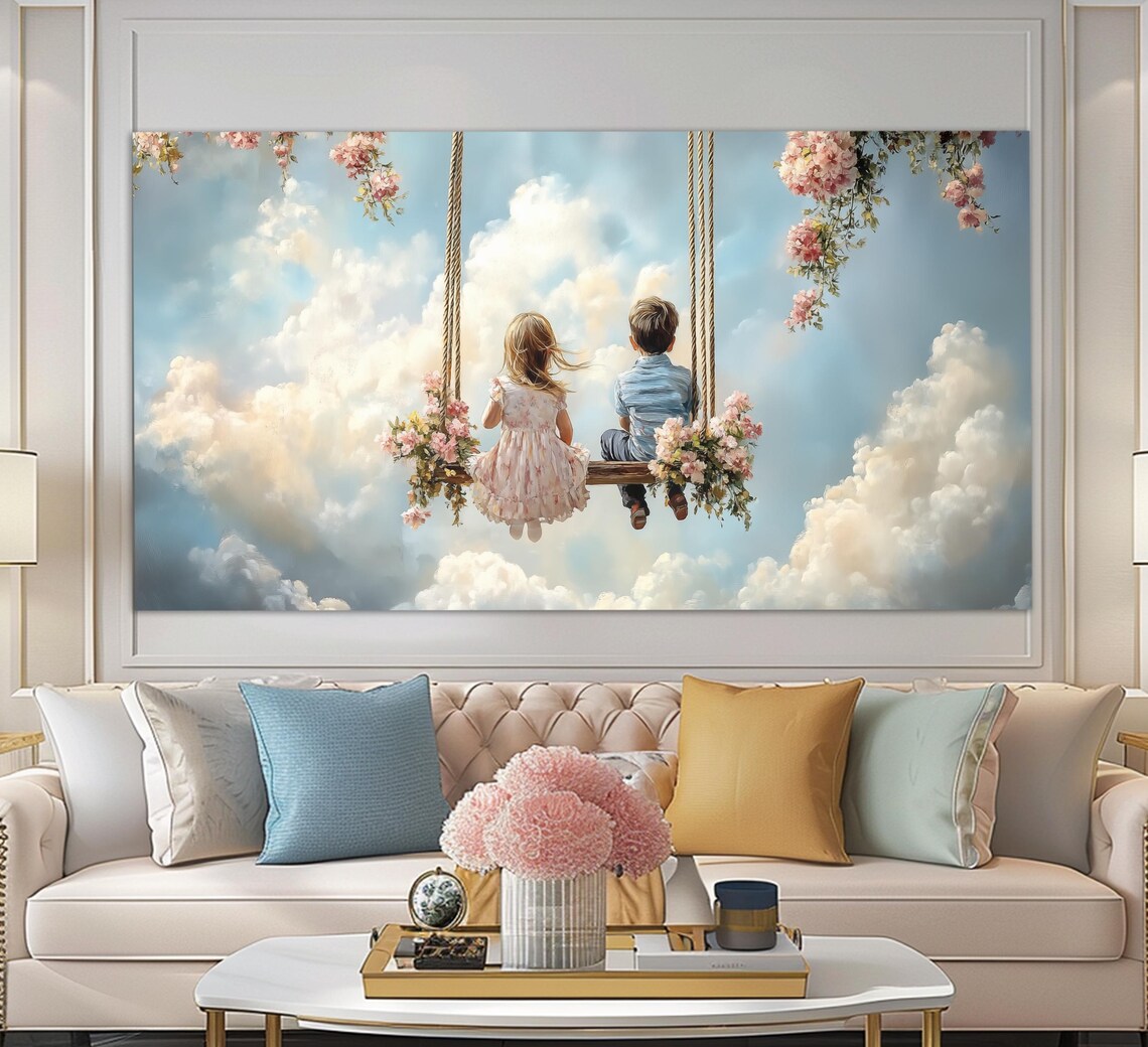 Children On Swing In Sky Whimsical Dreamy Kids Room Wall Art Poster