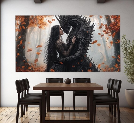 Woman Embracing Dark Beast In Autumn Forest Gothic Fantasy Romance Poster