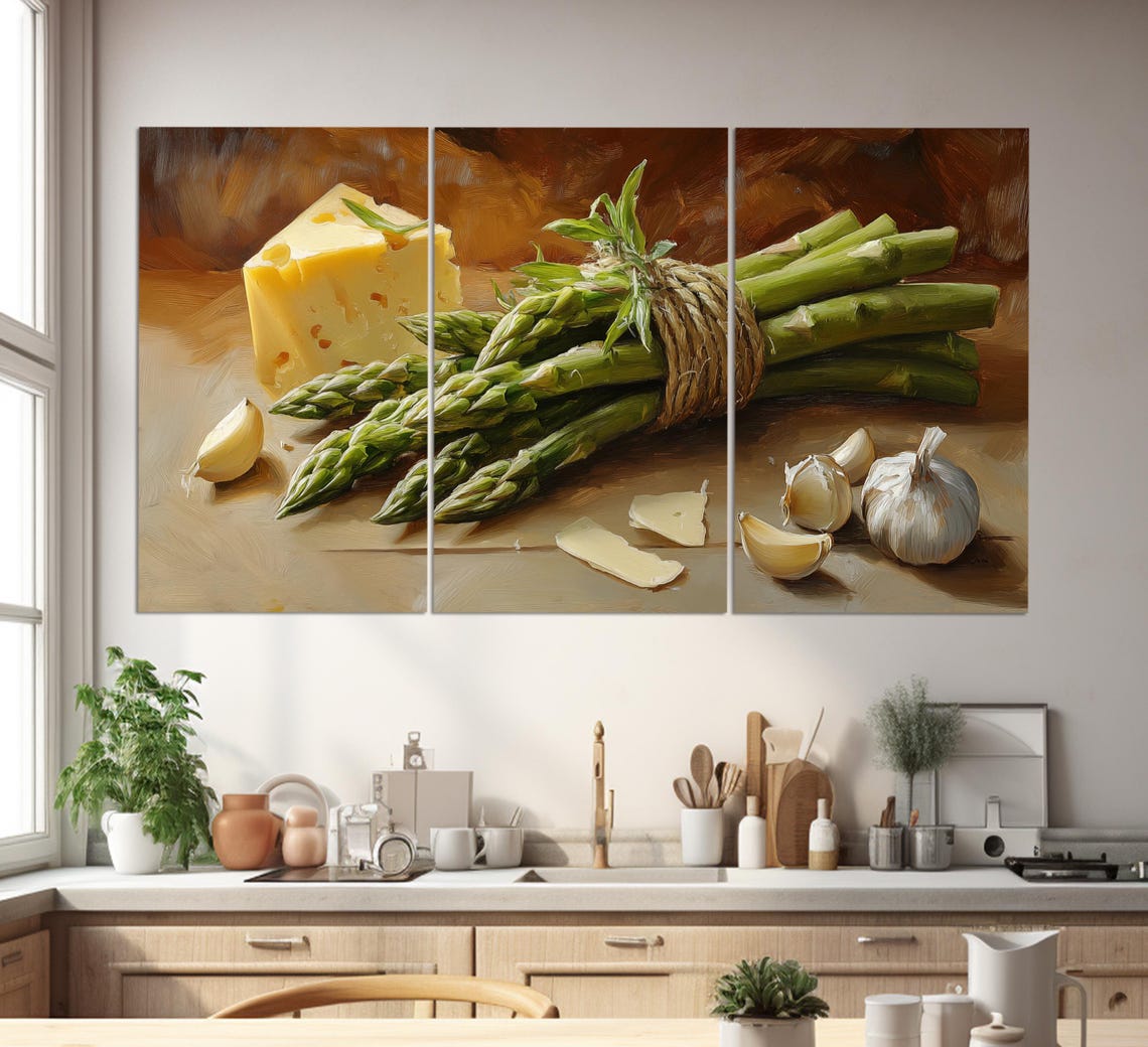 Asparagus Bunch With Cheese Wedge And Garlic Vintage Still Life Poster - Image 3