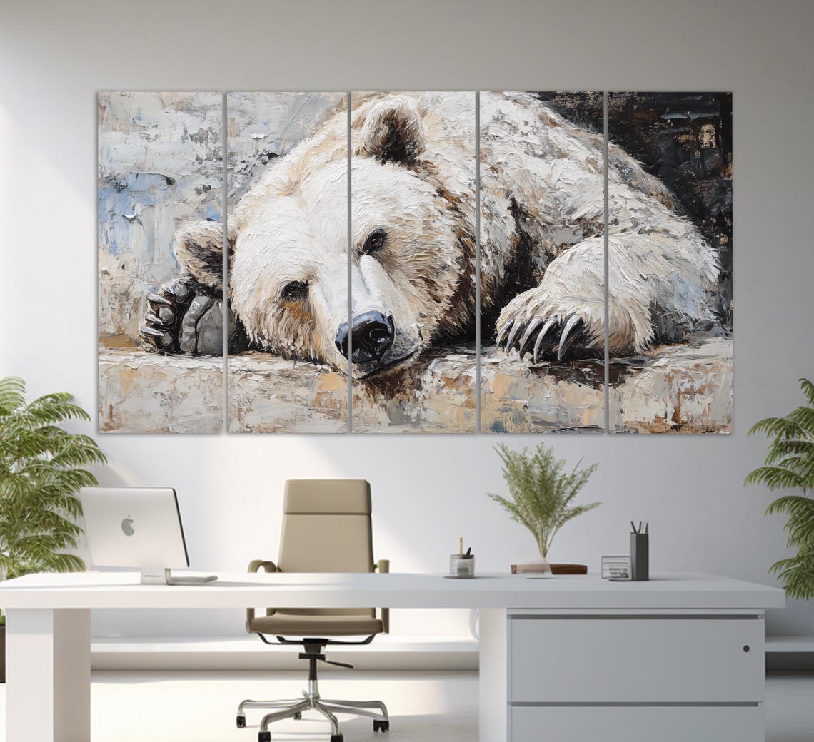 Sleepy Polar Bear Resting Head on Paws White Impasto Art Poster - Image 5