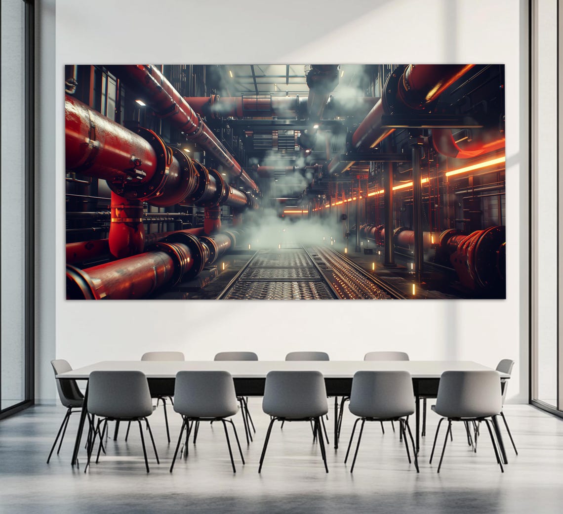 Dark Industrial Pipes Corridor Steam Orange Lights Moody Wall Art