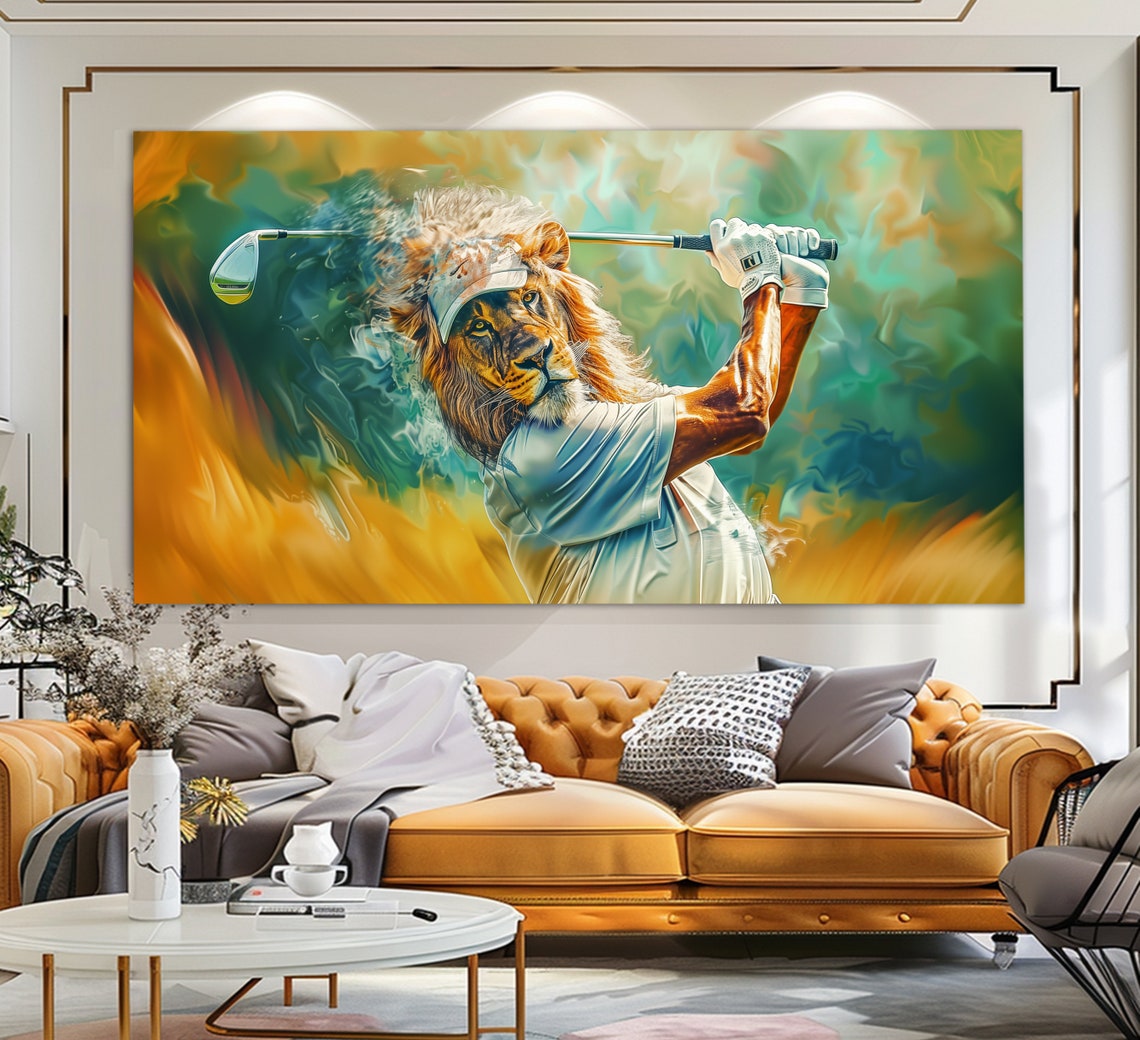 Lion Playing Golf Humorous Painting Golf Club Fan Gift Wall Art Poster