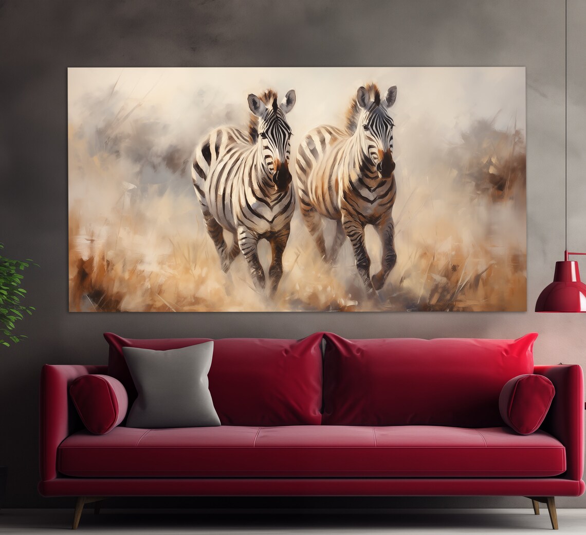 Zebra Couple in Golden Savanna Vintage Oil Painting Art Poster