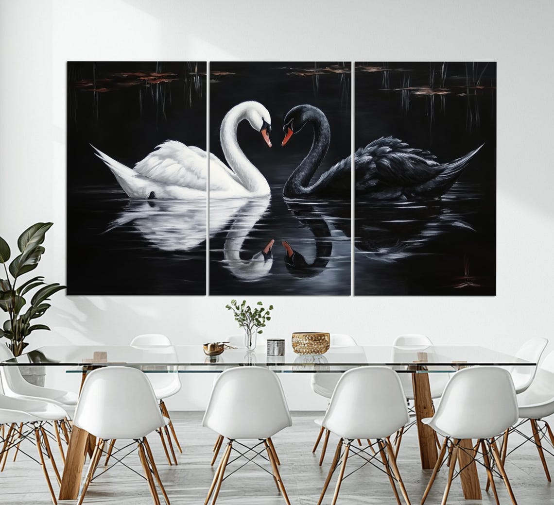 Black And White Swan Couple Heart Shape Dark Water Romantic Art Poster - Image 3