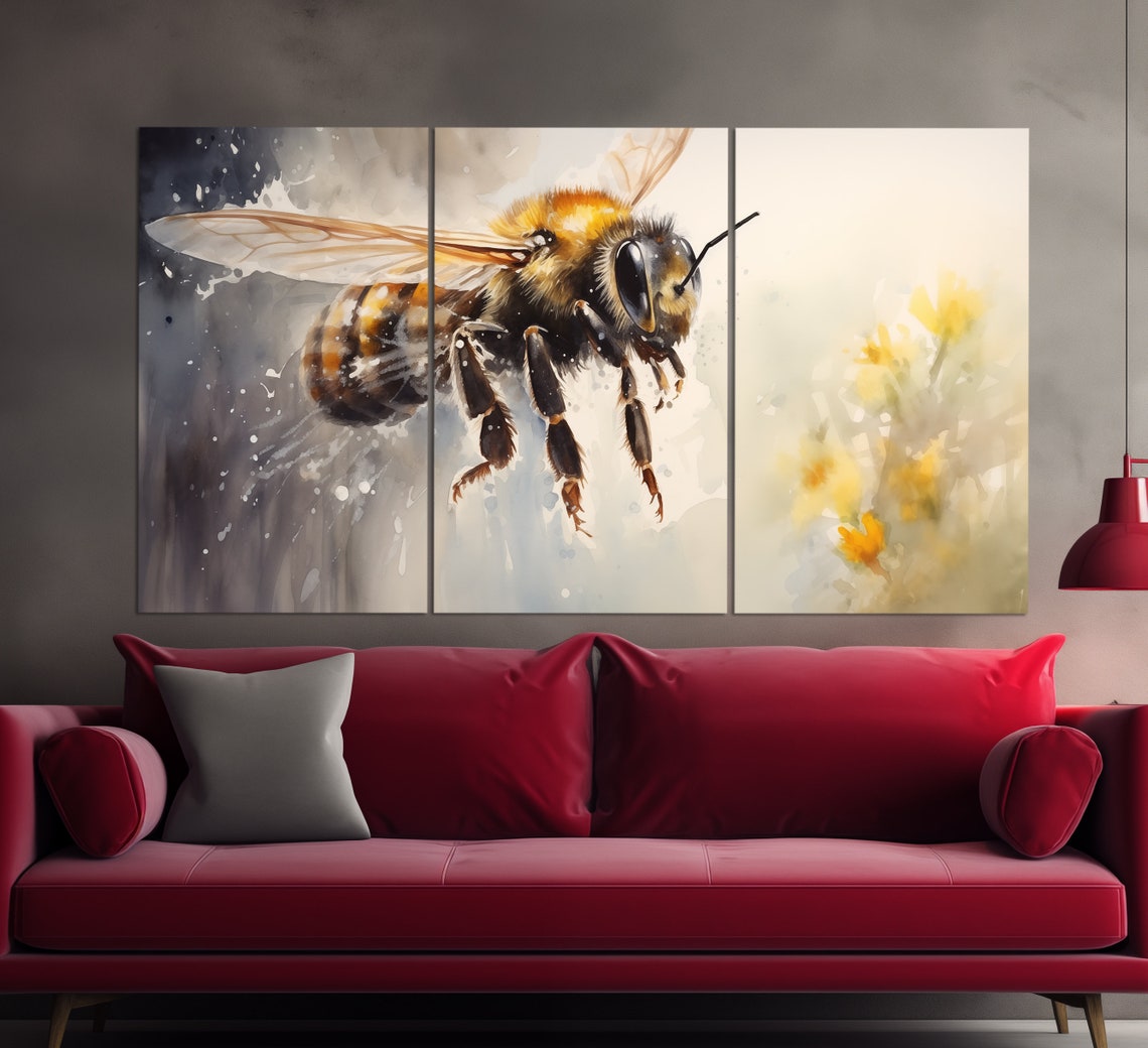 Honey Bee Close Up Watercolor Flight Detailed Nature Insect Art Poster - Image 3