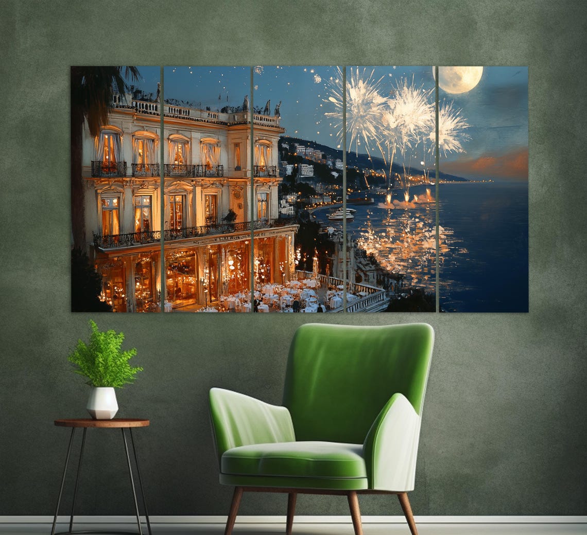 Nice French Riviera Waterfront Hotel Fireworks Moonlit Bay Poster - Image 2