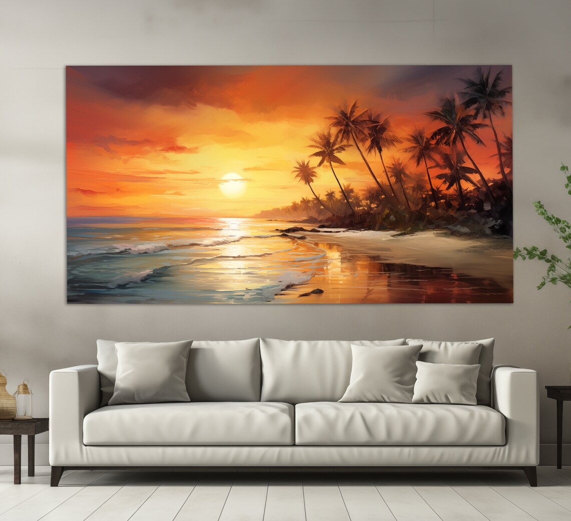 Sunset On Tropical Beach Art Print, Palm Seascape