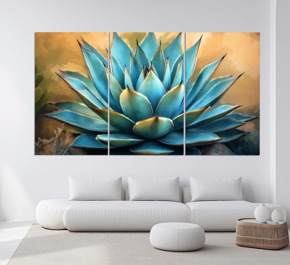 Blue Agave Rosette Golden Background Botanical Painting Wall Art Print - Image 3