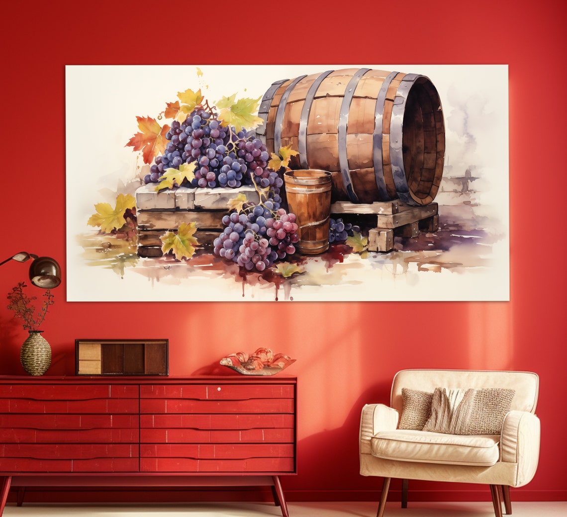 Wine Barrel and Grape Harvest Watercolor Rustic Kitchen Art Poster - Image 4