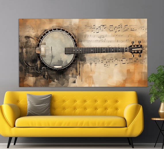 Vintage Banjo On Sheet Music Sepia Oil Painting Musician Gift Wall Art