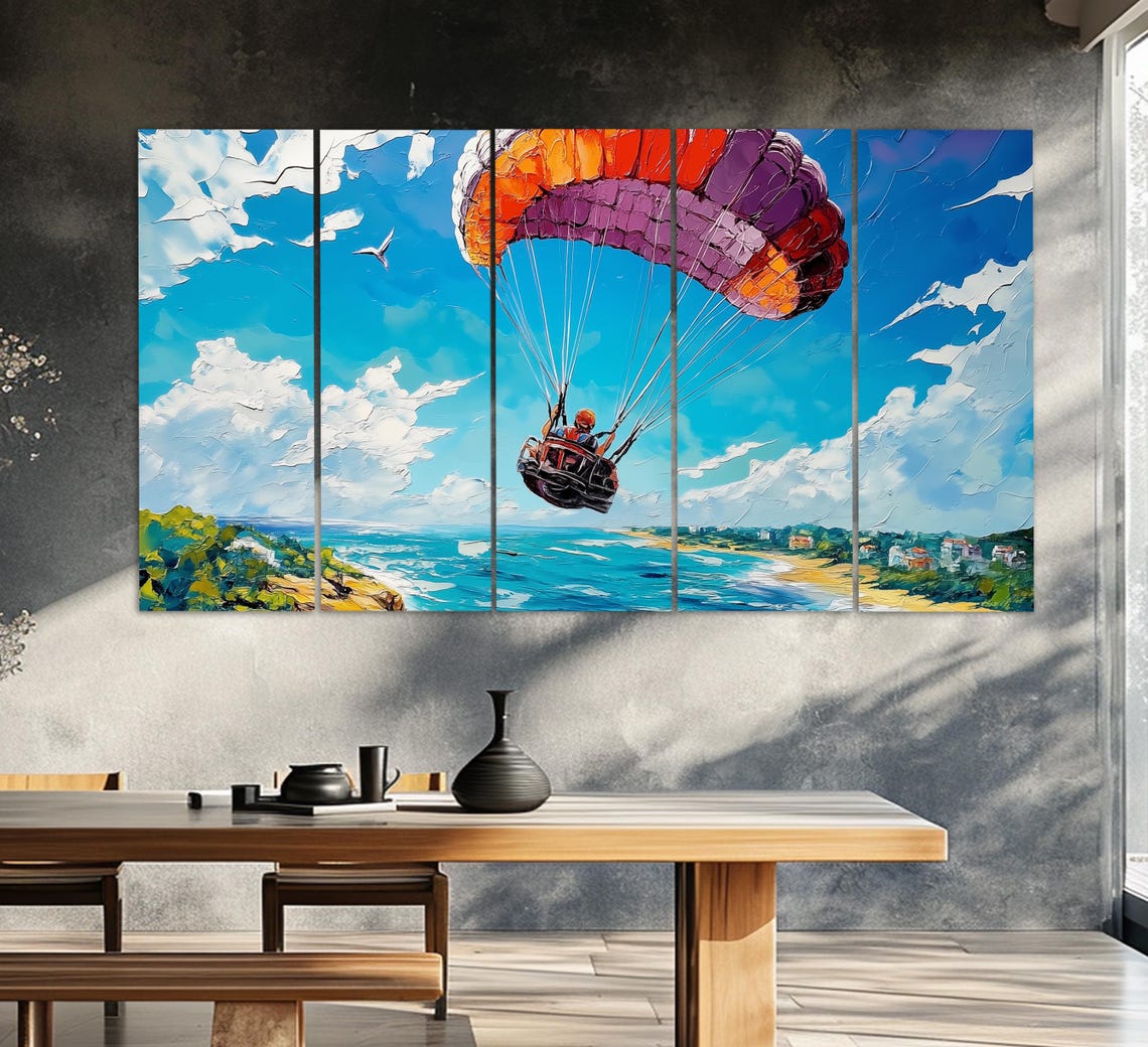 Colorful Paraglider Flying Over Coastal Beach Town Aerial View Poster - Image 3