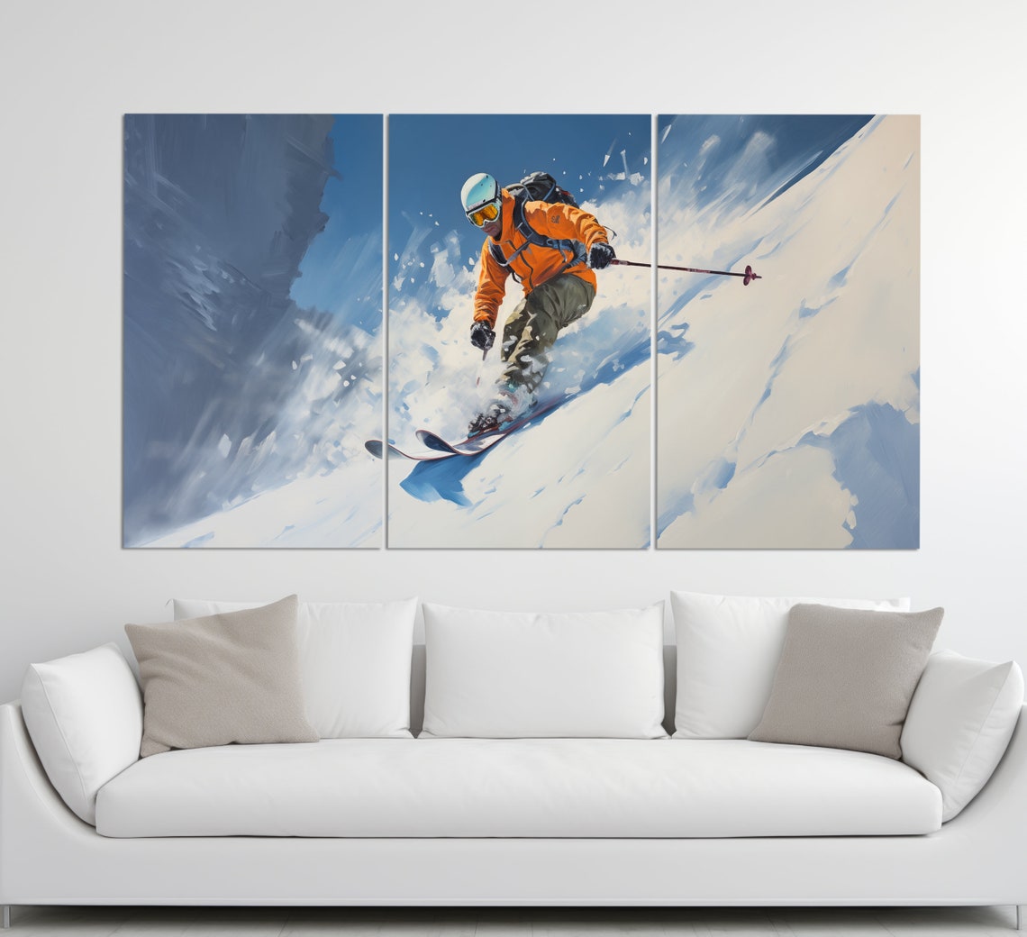 Freeride Skier Powder Slope Orange Jacket Blue Sky Oil Painting Poster - Image 6