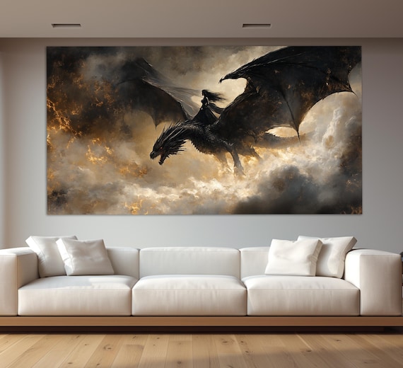 Flying Dragon Print Abstract Medieval Painting Fantasy Wall Art Scenic Gothic Dragon Painting Fantasy Art Dragon Poster