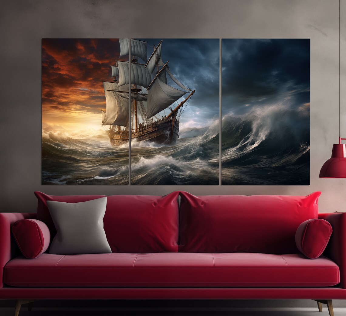 Old Sailboat Stormy Sea Waves Vintage Oil Painting Style Poster - Image 3
