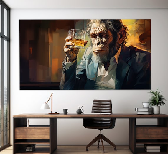 Chimpanzee In Suit Holding Glass Of Whiskey Humorous Office Bar Wall Art