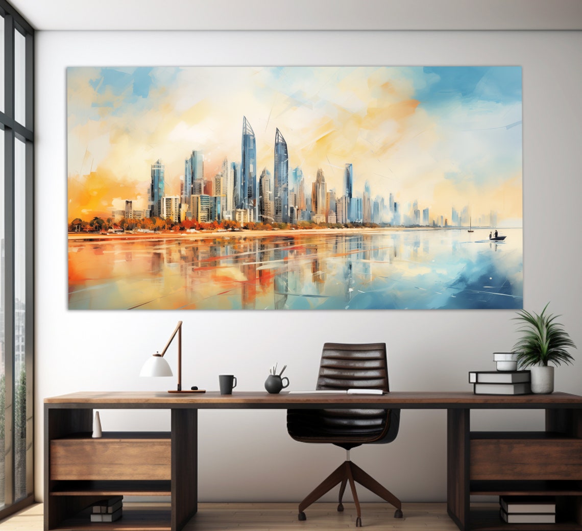 Abu Dhabi UAE Skyline Waterfront Watercolor Style Sunset Travel Poster - Image 4