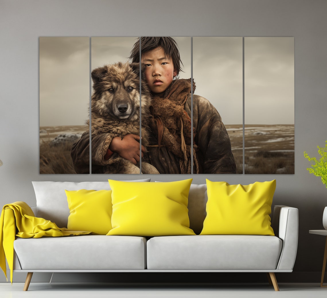 Far East Boy With Dog Steppe Vintage Photography Style Print - Image 2