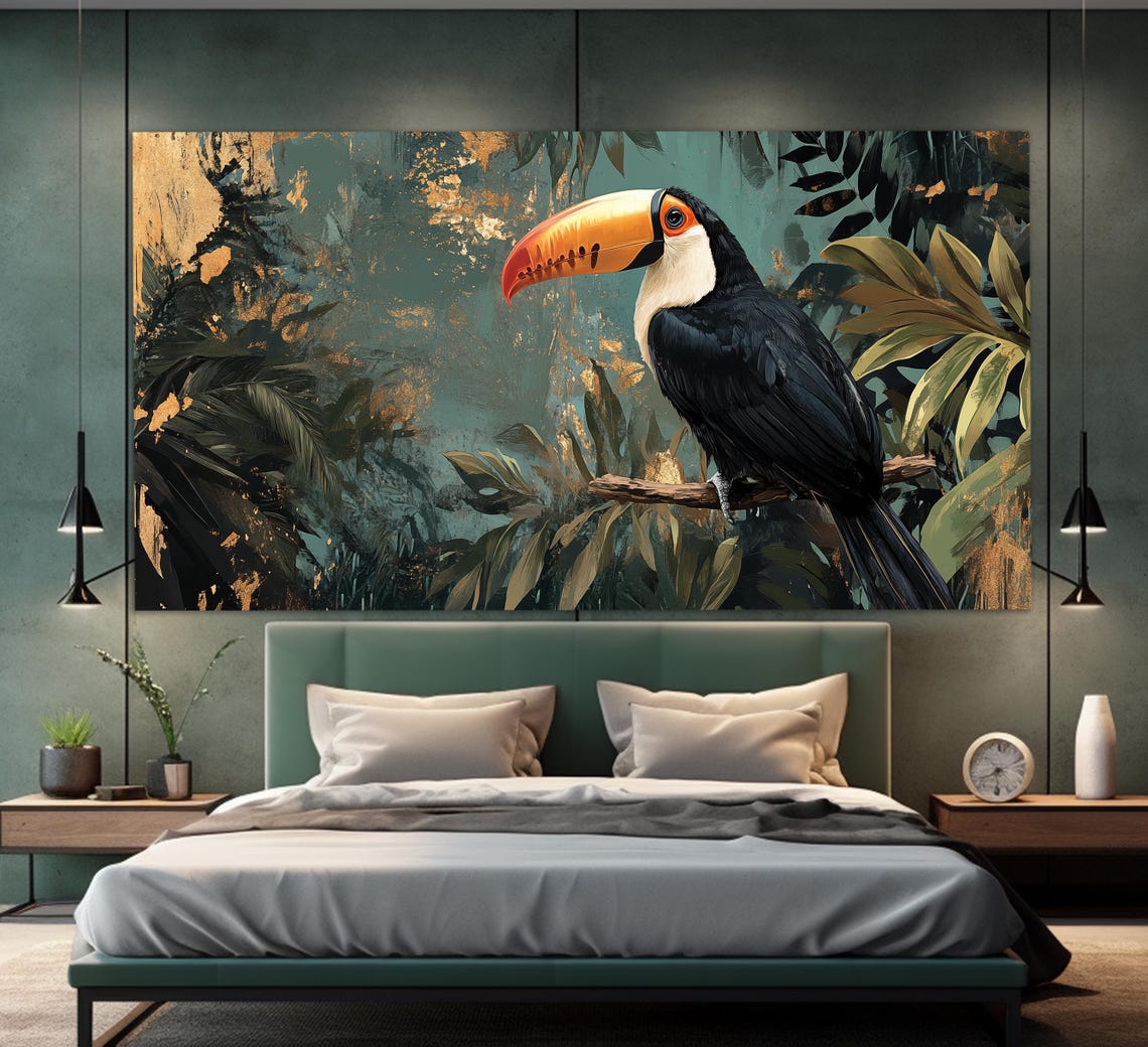 Toco Toucan On Branch In Tropical Jungle With Gold Leaf Accent Poster