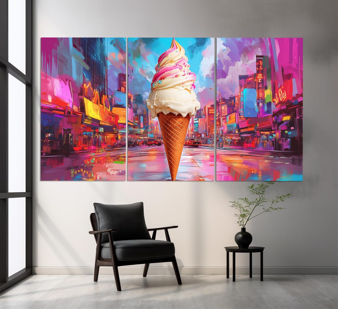 Giant Ice Cream Cone Neon City Night Surreal Pop Art Style Fun Poster - Image 3