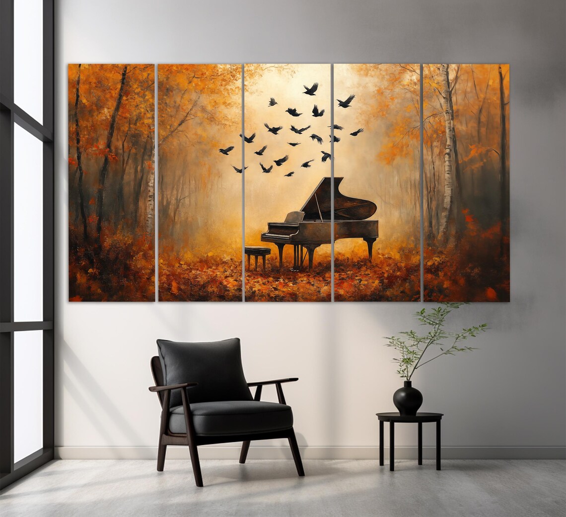 Grand Piano Autumn Forest Birds Golden Oil Painting Style Music Poster - Image 2