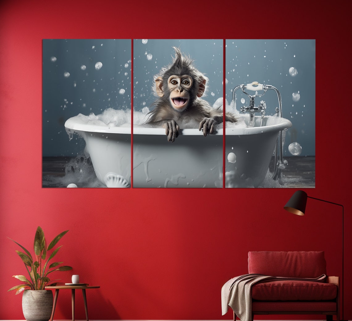 Funny Baby Monkey Splashing In Bubble Bath Happy Bath Time Wall Art - Image 5