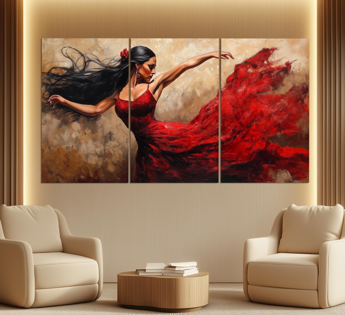 Passionate Flamenco Dancer Flowing Red Dress Dramatic Oil Painting Poster - Image 3