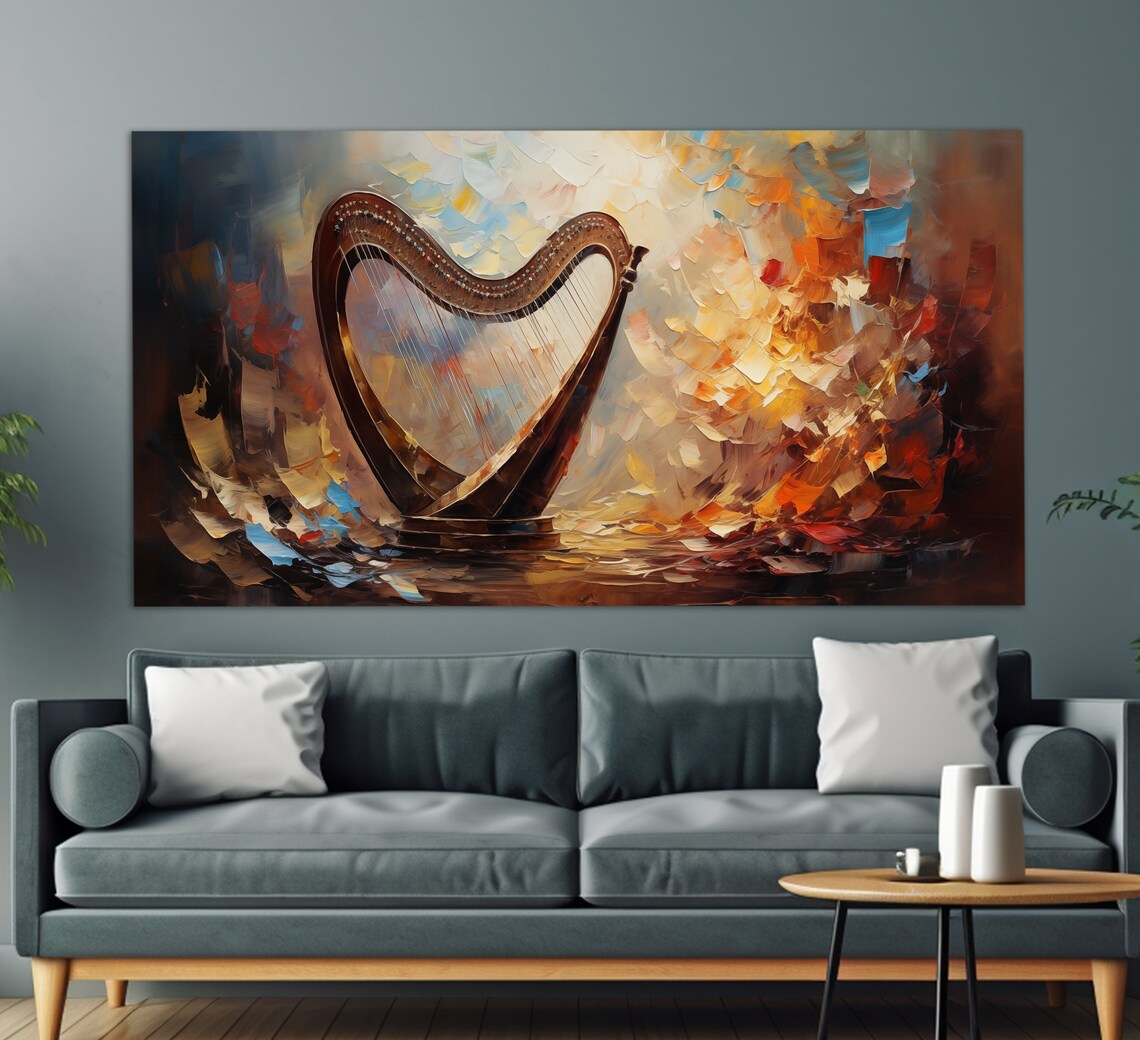 Harpist Girl With Wine Glass Abstract Harp Golden Oil Painting Poster - Image 4
