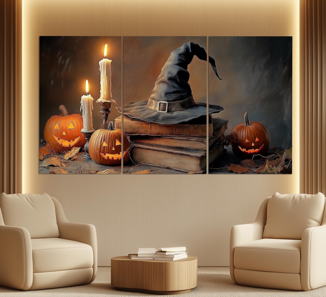 Witch Hat On Spell Books With Jack O Lanterns And Candles Halloween Poster - Image 6