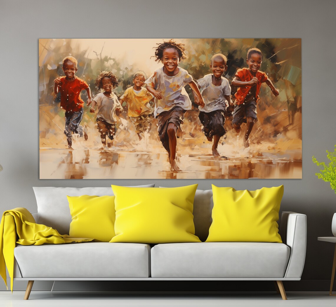 Happy Running Kids, Oil Painting Style Art Print