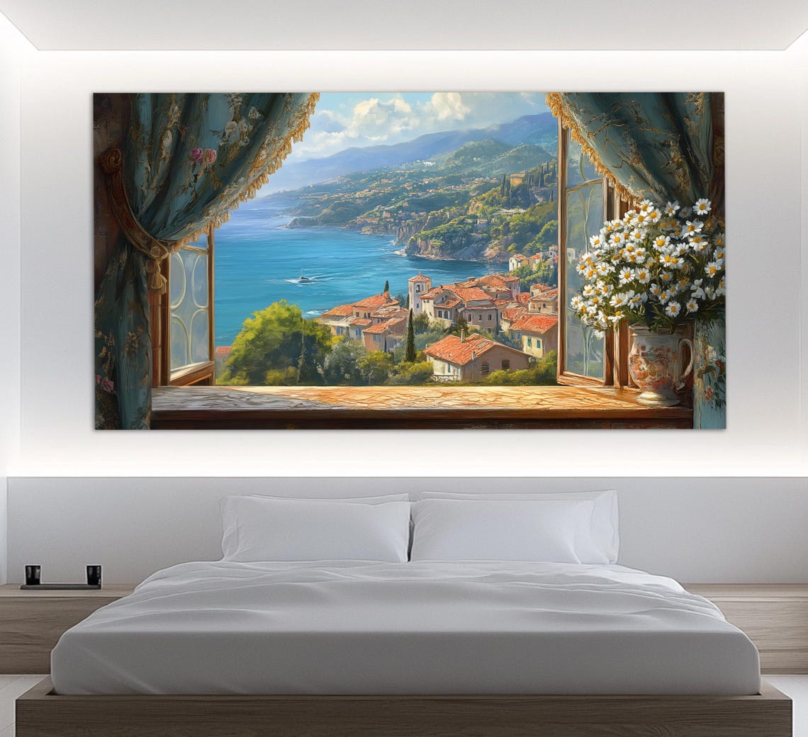 Italian Coastal Village View From Open Window With Daisies Wall Art - Image 6