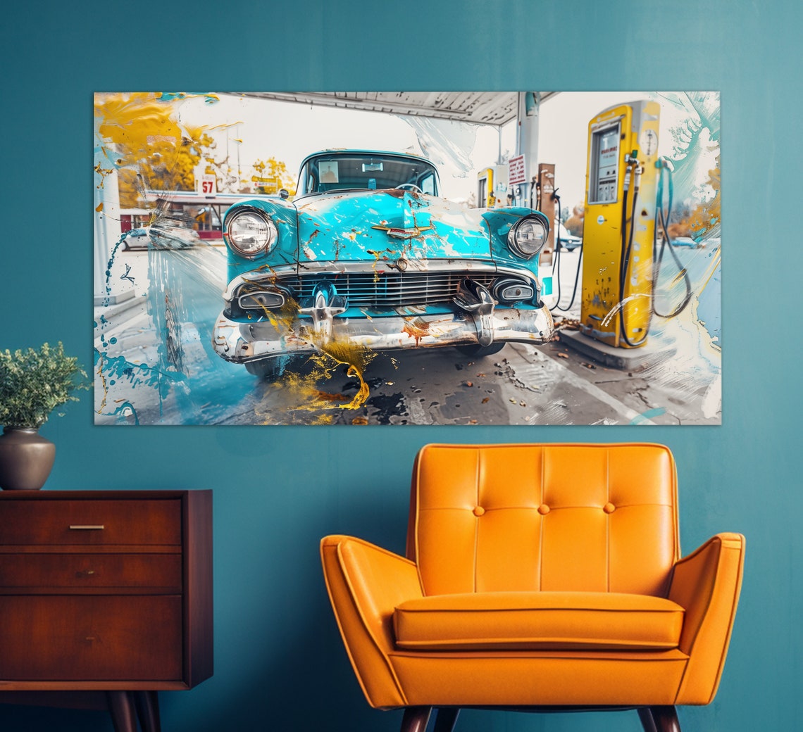 Vintage Gas Station With Retro Car Print In An Abstract Oil Painting Style Vintage Wall Art Gas Station Decor Car Service Decor - Image 3