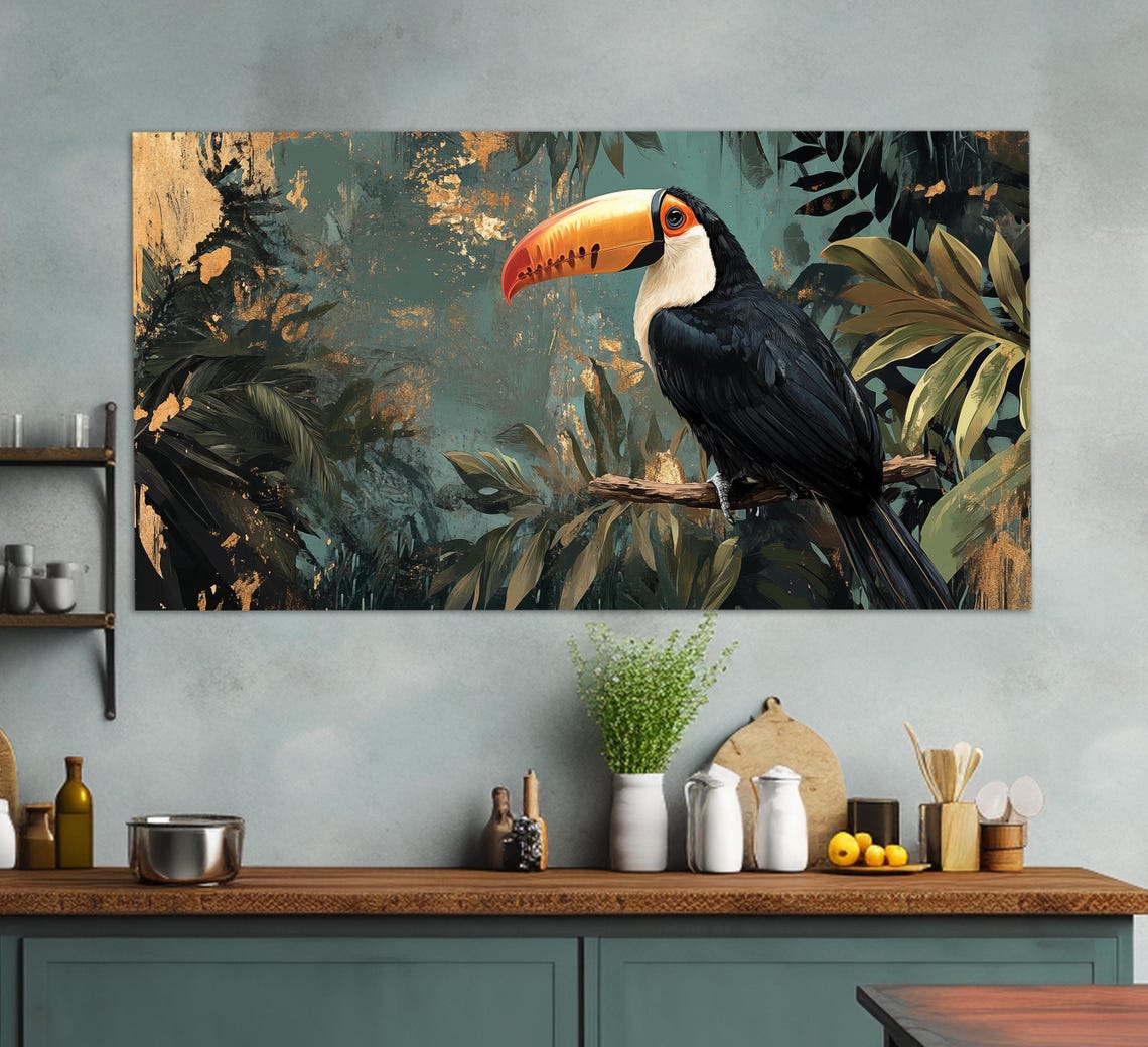 Toco Toucan On Branch In Tropical Jungle With Gold Leaf Accent Poster - Image 4